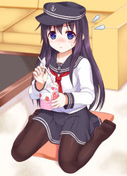 Rule 34 | 10s, 1girl, :t, akatsuki (kancolle), anchor symbol, black hat, black pantyhose, black skirt, blue eyes, blush, breasts, closed mouth, collarbone, commentary request, couch, cushion, drinking straw, dripping, flat cap, flying sweatdrops, full body, hat, holding, ikeda yuuki, indoors, kantai collection, liquid, long hair, long sleeves, looking at viewer, milk carton, neckerchief, package, pantyhose, pleated skirt, pout, red neckerchief, revision, school uniform, serafuku, shirt, sitting, skirt, small breasts, soles, solo, strawberry milk, sweatdrop, table, very long hair, wariza, white shirt