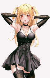 Rule 34 | 1girl, :o, absurdres, amane misa, armpits, arms up, black choker, black dress, black thighhighs, blush, breasts, choker, cleavage, collarbone, commentary, cowboy shot, cross, cross earrings, death note, detached sleeves, dress, earrings, eichi (skskdi12z), garter straps, highres, jewelry, large breasts, long hair, long sleeves, looking at viewer, open mouth, red eyes, rosary, sidelocks, simple background, solo, thighhighs, two side up, white background