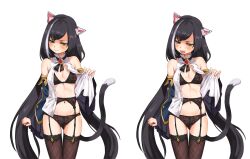 Rule 34 | 1girl, animal ear fluff, animal ears, arm at side, bare shoulders, black bra, black garter belt, black hair, black panties, black thighhighs, blush, bra, breasts, cat ears, cat girl, cat tail, closed mouth, commentary request, detached sleeves, frilled sleeves, frills, garter belt, green eyes, highres, karyl (princess connect!), kunikune, long hair, low twintails, multicolored hair, multiple views, no pants, open clothes, open mouth, open shirt, panties, princess connect!, simple background, small breasts, streaked hair, tail, thighhighs, twintails, unbuttoned, underwear, very long hair, white background, white hair, wide sleeves