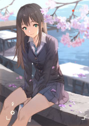 Rule 34 | 1girl, arms between legs, black cardigan, black skirt, blurry, blurry background, brown hair, buttons, cardigan, cherry blossoms, closed mouth, collared shirt, commentary, cowboy shot, depth of field, earrings, envelope, eyelashes, flower, green eyes, green necktie, head tilt, highres, holding, holding envelope, idolmaster, idolmaster cinderella girls, jewelry, long hair, long sleeves, looking at viewer, miniskirt, necktie, open clothes, open shirt, outdoors, petals, pier, pleated skirt, recording, ruien (wu jui-en), shibuya rin, shirt, sidelocks, sitting, skirt, smile, solo, striped necktie, striped neckwear, table, viewfinder, water, white shirt