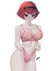 Rule 34 | 1girl, blush, bra, breasts, cleavage, cowboy shot, cyborg, hairband, highres, hochihochiha, lace, lace bra, lace panties, large breasts, lingerie, pale skin, panties, panty pull, pulled by self, r dorothy wayneright, red hair, short hair, the big o, underwear