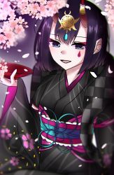 Rule 34 | 1girl, absurdres, black kimono, bob cut, breasts, cherry blossoms, cup, eyeliner, fate/grand order, fate (series), floral print, headpiece, highres, horn ornament, horn ring, horns, japanese clothes, kimono, long sleeves, looking at viewer, lostroom outfit (fate), makeup, obi, oni, open mouth, purple eyes, purple hair, sakazuki, sash, short hair, shuten douji (fate), shuten douji (lostroom outfit) (fate), skin-covered horns, small breasts, smile, solo, wide sleeves, yurumochi