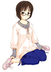 Rule 34 | 1girl, brown eyes, brown hair, glasses, ooshiro youkou, original, running shoes, shirt, shoes, short hair, sitting, sneakers, solo, striped clothes, striped shirt