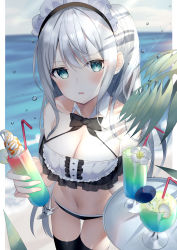 Rule 34 | 1girl, absurdres, armpit crease, bare shoulders, beach, bikini, black bikini, black thighhighs, blue eyes, blurry, bow, bowtie, braid, breasts, cleavage, collarbone, cowboy shot, cup, day, depth of field, drinking glass, drinking straw, frilled bikini, frills, halterneck, highres, holding, large breasts, leaf, long hair, looking at viewer, maid, maid bikini, maid headdress, navel, ocean, off shoulder, original, outdoors, parted lips, see-through, sidelocks, silver hair, solo, standing, stomach, sunlight, swimsuit, thigh gap, thighhighs, thighs, tray, tropical drink, unconventional maid, very long hair, wing collar, zukan (db tyoutyo)