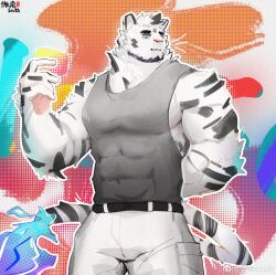 Rule 34 | 1boy, abstract background, absurdres, animal ears, arknights, artist request, bara, black tank top, blue eyes, facial hair, feet out of frame, furry, furry male, goatee, highres, large hands, large pectorals, male focus, mountain (arknights), muscular, muscular male, pants, pectorals, scar, scar across eye, scar on arm, short hair, sidepec, smile, solo, tail, tank top, thick eyebrows, tiger boy, tiger ears, tiger tail, white hair, white pants