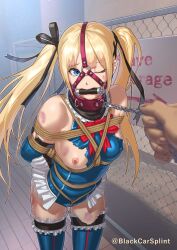 Rule 34 | 1girl, absurdres, arms behind back, bdsm, bit gag, black car splint, blonde hair, blue eyes, blue one-piece swimsuit, bondage, bound, bow, bruise, chain, chain leash, collar, crotch rope, dead or alive, defeat, elbow gloves, gag, gagged, gloves, highres, injury, leash, leash pull, long hair, marie rose, marie rose (devilish servant against the splashing waves), nipples, one-piece swimsuit, one breast out, one eye closed, red bow, rope, shibari, slave, swimsuit, thighhighs, torn clothes, torn swimsuit, twintails, twitter username, viewer holding leash