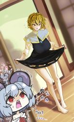 Rule 34 | 2girls, animal ears, barefoot, black dress, blonde hair, blush, capelet, chibi, chibi inset, commentary, cosplay, costume switch, dress, dutch angle, english text, flying sweatdrops, grey hair, heart, highres, jewelry, kakedashi, mouse (animal), mouse ears, multiple girls, nazrin, nazrin (cosplay), necklace, open mouth, pendant, red eyes, short dress, short hair, skirt hold, sweatdrop, teeth, toramaru shou, toramaru shou (cosplay), touhou, trembling, undersized clothes, upper teeth only, yellow eyes