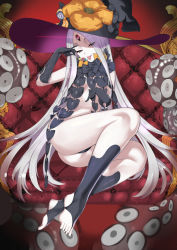 Rule 34 | 1girl, abigail williams (fate), abigail williams (third ascension) (fate), ass, bare shoulders, black bow, black hat, black panties, bow, breasts, candy, chair, closed mouth, colored skin, fate/grand order, fate (series), feet, food, forehead, gloves, glowing, glowing eye, hareno chiame, hat, highres, keyhole, legs, lollipop, long hair, looking at viewer, multiple bows, navel, orange bow, panties, parted bangs, red eyes, sitting, small breasts, smile, solo, stuffed animal, stuffed toy, teddy bear, tentacles, third eye, toeless legwear, toes, tongue, tongue out, underwear, very long hair, white hair, white skin, witch hat