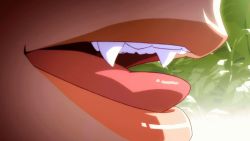 Rule 34 | 10s, 1girl, animated, animated gif, bush, fangs, leaf, licking lips, lips, monogatari (series), nisemonogatari, non-web source, oshino shinobu, solo, teeth, tongue, tongue out, upper teeth only