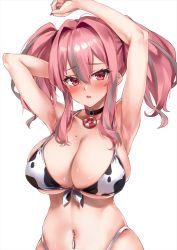 Rule 34 | 1girl, animal print, armpits, arms up, azur lane, bikini, black choker, blush, breasts, bremerton (azur lane), choker, cleavage, cow print, front-tie bikini top, front-tie top, grey hair, hair between eyes, large breasts, marisasu (marisa0904), mole, mole on breast, multicolored hair, nail polish, navel, navel piercing, open mouth, pendant choker, piercing, pink eyes, print bikini, raised eyebrows, red nails, sidelocks, simple background, skindentation, solo, streaked hair, swimsuit, twintails, two-tone hair, upper body, white background