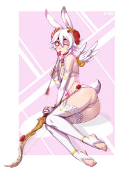 Rule 34 | 1girl, alternate costume, animal ears, arrow (projectile), ass, bare shoulders, bow (weapon), breasts, bunny (d-rex), bunny and fox world, d-rex, detached sleeves, hair between eyes, highres, holding, holding arrow, holding bow (weapon), holding weapon, original, rabbit ears, rabbit girl, rabbit tail, red eyes, short hair, small breasts, smile, solo, tail, thighhighs, weapon, white hair, white sleeves, white thighhighs