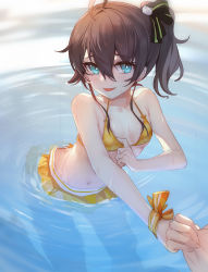 Rule 34 | 1girl, alternate costume, bikini, blue eyes, breasts, brown hair, collarbone, dark talker, highres, holding hands, hololive, natsuiro matsuri, navel, side ponytail, simple background, small breasts, solo focus, swimsuit, teasing, tongue, tongue out, virtual youtuber, water, wet
