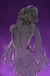 Rule 34 | 1boy, androgynous, arm behind back, arm tattoo, blood, blood on face, chest tattoo, cowboy shot, dungeon meshi, elf, finger to mouth, fingernails, gorget, grey hair, hair over eyes, hand on own hip, hand on own cheek, hand on own face, hand on own head, hand up, head tilt, highres, leg tattoo, light particles, long fingernails, long hair, looking at viewer, low twintails, lycion, navel, nosebleed, notched ear, open mouth, pointy ears, purple background, sharp fingernails, solo, tattoo, teeth, toned, toned male, tongue, tongue out, topless male, twintails, very long hair, warlock1000, yellow eyes