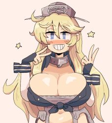 Rule 34 | 1girl, belly, blonde hair, blue eyes, blush, breasts, cleavage, collar, elbow gloves, fingerless gloves, gloves, hair between eyes, headgear, highres, iowa (kancolle), kantai collection, large breasts, long hair, looking at viewer, metal collar, midriff, navel, notnoe (dxcl), open mouth, skirt, smile, solo, star-shaped pupils, star (symbol), stomach, striped, symbol-shaped pupils