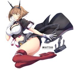 Rule 34 | 1girl, anchor, ass, black capelet, black jacket, black skirt, breasts, brown hair, capelet, chain, character name, cleavage, collarbone, copyright name, finger to mouth, full body, gloves, green eyes, halcon, headgear, highres, jacket, kantai collection, large breasts, looking at viewer, midriff, mutsu (kancolle), mutsu kai ni (kancolle), one eye closed, pleated skirt, red thighhighs, short hair, simple background, sketch, skirt, smile, solo, striped clothes, striped skirt, striped thighhighs, thighhighs, white background, white gloves