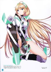 Rule 34 | 1girl, ahoge, angela balzac, armor, artist name, bare shoulders, black gloves, blonde hair, blue eyes, boots, breasts, elbow gloves, full body, gloves, gun, halterneck, handgun, headgear, highleg, highleg leotard, highres, holding, holding weapon, impossible clothes, impossible leotard, knee boots, large breasts, leotard, long hair, looking to the side, low twintails, official art, on one knee, page number, rakuen tsuihou, saitou masatsugu, scan, simple background, skindentation, solo, spread legs, thighhighs, thighlet, translation request, turtleneck, twintails, v arms, very long hair, weapon, white background