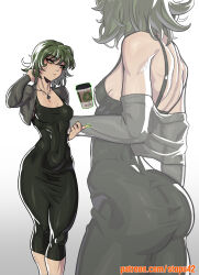 Rule 34 | 1girl, :/, alternate costume, ass, aura, breasts, bright pupils, closed mouth, covered navel, cropped jacket, cup, disposable coffee cup, disposable cup, dongtan dress, dress, feet out of frame, floating, floating object, green dress, green eyes, green hair, grey jacket, hair between eyes, hand in own hair, highres, index finger raised, jacket, jewelry, long sleeves, looking to the side, meme attire, multiple views, necklace, off shoulder, one-punch man, paid reward available, patreon username, short hair, sleeveless, sleeveless dress, small breasts, standing, stopu, tatsumaki, taut clothes, taut dress, telekinesis, watermark, web address, white background, white pupils