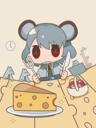 Rule 34 | 1girl, animal ears, bamboo, basket, cheese, clock, domaso, food, fork, grey hair, jewelry, knife, mouse (animal), mouse ears, nazrin, necklace, red eyes, saliva, simple background, solo, symbol-shaped pupils, touhou