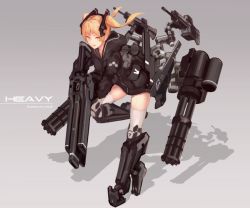 Rule 34 | 1girl, artist name, assault rifle, black hoodie, boots, cancell, floating hair, gatling gun, grey background, gun, high heels, holding, holding gun, holding weapon, hood, hood down, hoodie, leaning forward, looking at viewer, machinery, orange eyes, orange hair, original, parted lips, rifle, shadow, simple background, solo, standing, standing on one leg, thighhighs, twintails, weapon, white thighhighs