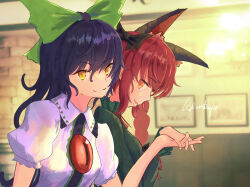 Rule 34 | 2girls, absurdres, animal ear fluff, animal ears, backlighting, black hair, blurry, blurry background, braid, breasts, cat ears, chest jewel, commentary request, dress, extra ears, frilled shirt collar, frills, from side, green dress, hair between eyes, hand up, highres, interlocked fingers, kaenbyou rin, kiritanpo117, long hair, looking at viewer, multiple girls, orange eyes, profile, puffy short sleeves, puffy sleeves, red hair, reiuji utsuho, short sleeves, sideways glance, signature, small breasts, touhou, twin braids, upper body, yuri