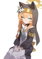 Rule 34 | 1girl, absurdres, black headwear, blue archive, blue eyes, blue neckerchief, braid, closed mouth, coif, flower, habit, halo, hat, hat flower, highres, long hair, long sleeves, looking at viewer, mari (blue archive), neckerchief, nun, orange hair, riok hh, sailor collar, simple background, single braid, smile, solo, white background, white flower, white sailor collar, yellow halo