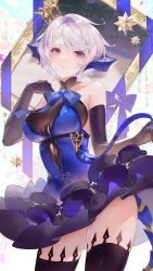 Rule 34 | 1girl, bare shoulders, black gloves, black thighhighs, blue dress, blue horns, blue ribbon, breasts, commentary, crown, dragon horns, dragon tail, dress, elbow gloves, fafnir (masterwork apocalypse), frilled dress, frills, frown, gloves, halter dress, halterneck, highres, horns, looking away, masterwork apocalypse, medium breasts, parted lips, purple eyes, ribbon, short hair, silver hair, solo, standing, symbol-only commentary, tail, teeth, thighhighs, vhumiku