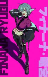 Rule 34 | 1girl, ahoge, black footwear, black gloves, black jacket, black neckerchief, black pants, breasts, character name, collared shirt, commentary request, cropped shirt, earrings, english text, finana ryugu, finana ryugu (3rd costume), fingerless gloves, fins, fish girl, full body, gloves, green hair, hair ornament, hairclip, head fins, highres, jacket, jewelry, long sleeves, medium breasts, midriff, mixed-language text, navel, neckerchief, nijisanji, nijisanji en, official alternate costume, open clothes, open jacket, open mouth, pants, pink background, purple eyes, purple shirt, shadow, sharp teeth, shirt, shoes, short hair, simple background, smile, sneakers, solo, teeth, thigh strap, translated, virtual youtuber, wa (xma wamwx)