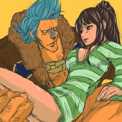 Rule 34 | 1boy, 1girl, black hair, blue hair, breasts, breasts apart, carrying, chain, cleavage, dress, eye contact, franky (one piece), fur, jacket, lips, long hair, long sleeves, looking at another, nico robin, one piece, one piece: strong world, open clothes, open jacket, parted lips, ponytail, short dress, star (symbol), star print, striped clothes, striped dress, striped sweater, sweater, sweater dress