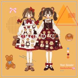 Rule 34 | 2girls, animal ears, animal print, ankle cuffs, bag, bear ears, bear print, black footwear, blue bow, blue bowtie, blush stickers, bow, bow legwear, bowtie, braid, bread, brown bag, brown bow, brown bowtie, brown eyes, brown footwear, brown hair, brown socks, buttons, collar, collared shirt, color guide, cross-laced clothes, cross-laced top, dress, english text, expressionless, eyelashes, food, frilled dress, frilled shirt collar, frills, full body, hair bow, heart, lolita fashion, long hair, long sleeves, looking at viewer, low twin braids, mary janes, medium dress, multiple girls, multiple hair bows, original, pocket, puffy long sleeves, puffy sleeves, putong xiao gou, red bow, red bowtie, red collar, red dress, red lips, shirt, shoes, shoulder bag, sleeve garter, sleeveless, sleeveless dress, socks, straight-on, stuffed animal, stuffed toy, teddy bear, twin braids, twintails, white dress, white shirt, white socks, yellow background