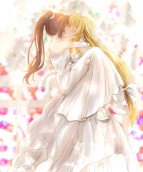 Rule 34 | 2girls, absurdres, bare shoulders, blonde hair, blush, breasts, bridal veil, bride, brown hair, carrying, cleavage, closed eyes, commission, dress, elbow gloves, fate testarossa, female focus, flower, gloves, hair flower, hair ornament, hair ribbon, high heels, highres, hug, jewelry, kiss, kurosawa karura, long hair, lyrical nanoha, mahou shoujo lyrical nanoha strikers, multiple girls, pixiv commission, ponytail, princess carry, ribbon, ring, small breasts, takamachi nanoha, veil, wedding dress, wedding ring, white footwear, white gloves, wife and wife, yuri