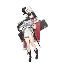 Rule 34 | 1girl, bahao diqiu, belt, black belt, black eyes, black footwear, black hair, blush, boots, bow, braid, breasts, case, closed mouth, collar, dress, earrings, flute, full body, general liu (girls&#039; frontline), general liu (musings in the morn) (girls&#039; frontline), girls&#039; frontline, gloves, hair bow, hat, highres, holding, holding instrument, instrument, jewelry, large breasts, long hair, looking at viewer, mole, mole under eye, official alternate costume, official art, red bow, saber (weapon), sheath, sheathed, short dress, smile, solo, sparkle, standing, sword, thigh strap, transparent background, uniform, very long hair, weapon, white dress, white gloves, white hat