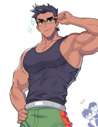 Rule 34 | 3boys, absurdres, alternate costume, bara, bare arms, bare shoulders, black-framed eyewear, black hair, black tank top, blue eyes, casual, covered abs, green pants, highres, large pectorals, little mac, male focus, milkiato, multiple boys, muscular, muscular male, nintendo, pants, pectorals, peeking out, punch-out!!, short hair, solo focus, sparkle, super smash bros., tank top