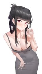 Rule 34 | 1girl, absurdres, black bra, black hair, blunt bangs, blush, bra, bra peek, breasts, cleavage, closed mouth, commentary, covered navel, cowboy shot, d (killer wife) (nikke), d (nikke), dongtan dress, dress, english commentary, gnlibur, goddess of victory: nikke, grey dress, hair intakes, highres, large breasts, leaning forward, light smile, looking at viewer, medium hair, meme attire, official alternate costume, pencil dress, red eyes, sidelocks, simple background, sleeveless, sleeveless dress, solo, standing, underwear, white background