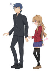 Rule 34 | 1boy, 1girl, ?, aisaka taiga, arm behind back, arms at sides, averting eyes, bad id, bad pixiv id, black footwear, black jacket, black pants, black thighhighs, blazer, blue hair, blush, box, box of chocolates, breasts, brown eyes, brown footwear, clothes grab, constricted pupils, couple, embarrassed, front to back, frown, full body, furrowed brow, gakuran, gift, gift box, hair between eyes, hair strand, heart, heel up, height difference, highres, holding, holding behind back, holding box, holding gift, jacket, light brown hair, loafers, long hair, looking back, looking down, nagi (koutei penguin), nose blush, oohashi high school uniform, pants, pleated skirt, purple skirt, red jacket, school uniform, shoes, simple background, skirt, sleeve grab, small breasts, standing, sweatdrop, thighhighs, toradora!, tsundere, valentine, white background, zettai ryouiki