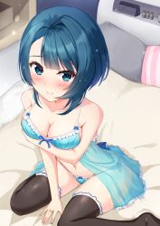 Rule 34 | 1girl, aizawa kazuha, arm under breasts, assault lily, asymmetrical hair, babydoll, bare arms, bare shoulders, bed, between legs, black thighhighs, blanket, blue babydoll, blue bow, blue eyes, blue hair, blue panties, blunt bangs, blush, bow, bow babydoll, bow panties, box, breast hold, breasts, cleavage, clock, closed mouth, collarbone, commentary request, cosmetics, digital clock, fingernails, frilled babydoll, frilled panties, frilled thighhighs, frills, groin, gungun (hakutou7887), hand between legs, highres, indoors, jewelry, light particles, lingerie, lipstick tube, looking at viewer, medium breasts, medium hair, navel, no shoes, on bed, panties, pillow, raised eyebrows, ring, see-through, shelf, side-tie panties, sitting, solo, stomach, string panties, thighhighs, underwear, underwear only, wariza