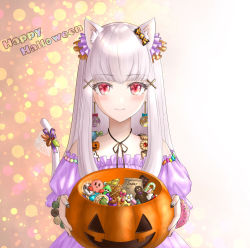 Rule 34 | 1girl, animal ears, candy, cat ears, cat tail, closed mouth, earrings, fire emblem, fire emblem: three houses, food, hair ornament, halloween bucket, halloween costume, happy halloween, holding, inkling, inkling player character, jewelry, kirby, kirby (series), long hair, lysithea von ordelia, nintendo, pink eyes, smile, solo, splatoon (series), tail, the legend of zelda, triforce, upper body, user zjyt4387, white hair
