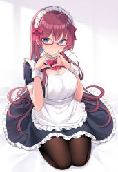 Rule 34 | 1girl, apron, black dress, black pantyhose, blue eyes, blush, bow, breasts, commentary request, dress, frills, glasses, heart, heart hands, long hair, looking at viewer, maid, maid apron, maid headdress, medium breasts, nekokobushi, original, pantyhose, red bow, red hair, sitting, smile, solo, very long hair, white apron
