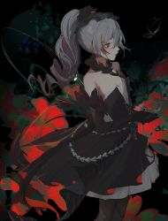 Rule 34 | 1girl, absurdres, black background, black dress, black gloves, black pantyhose, breasts, bronya zaychik, bronya zaychik (black nucleus), bug, butterfly, cleavage, commentary request, cowboy shot, dress, elbow gloves, flower, gloves, grey hair, highres, honkai (series), honkai impact 3rd, insect, japanese clothes, kimono, multicolored hair, pantyhose, parted lips, ponytail, red eyes, red flower, red hair, small breasts, solo, strapless, strapless dress, streaked hair, yukizawa xueze