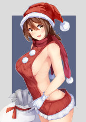 Rule 34 | 1girl, :d, arched back, armpits, backless outfit, bare arms, bare shoulders, blue background, blush, breasts, brown hair, christmas, commentary request, cowboy shot, fang, gloves, grey background, groin, hair between eyes, hand on own stomach, hat, highres, irohara, looking at viewer, medium breasts, meme attire, open mouth, original, pom pom (clothes), red hat, red scarf, red sweater, sack, santa hat, scarf, short hair, sideboob, sidelocks, sleeveless, smile, solo, standing, sweater, two-tone background, virgin killer sweater, white gloves, yellow eyes