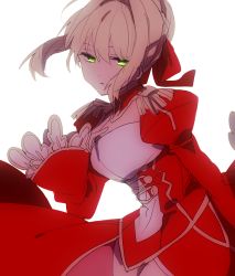 Rule 34 | 10s, 1girl, bad id, bad pixiv id, blonde hair, commentary request, dress, fate/extra, fate (series), hair between eyes, hair ribbon, hand on own chest, hand up, hiiragi fuyuki, long sleeves, looking at viewer, nero claudius (fate), nero claudius (fate) (all), nero claudius (fate/extra), parted lips, red dress, red eyes, red ribbon, ribbon, short hair, simple background, solo, standing, white background, wide sleeves
