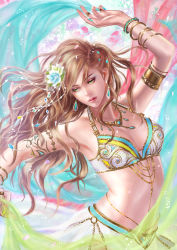 Rule 34 | 1girl, arm up, armlet, bangle, bracelet, brown hair, cowboy shot, dancing, earrings, flower, green eyes, hair flower, hair ornament, highres, jewelry, looking down, midriff, muxia yue nai, necklace, original, parted lips, ring, solo