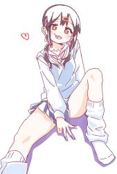Rule 34 | 1girl, :d, bare legs, black hair, blue sky, blue vest, brown eyes, candy, collarbone, commentary, dot nose, fingernails, food, foot out of frame, gyaru, hair ornament, hairclip, heart, highres, jewelry, kneehighs, kogal, lollipop, long fingernails, long hair, long sleeves, looking at viewer, loose socks, low twintails, miniskirt, multicolored hair, nail polish, necklace, no shoes, nuurise2023, onii-chan wa oshimai!, open mouth, oyama mihari, pink nails, pleated skirt, purple hair, shirt, simple background, sitting, skirt, sky, smile, socks, solo, spread legs, twintails, two-tone hair, vest, w, white background, white shirt, white socks