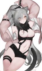 1girl animal_ears arknights arm_up bare_shoulders black_scarf black_shorts breasts cat_ears cat_tail cleavage commentary cowboy_shot crop_top eyes_visible_through_hair grey_jacket hair_over_one_eye hand_up highres jacket large_breasts long_hair long_sleeves looking_at_viewer midriff mmmegh navel nipples off_shoulder open_clothes open_jacket parted_lips puffy_sleeves scarf schwarz_(arknights) short_shorts shorts silver_hair simple_background solo stomach tail thigh_strap thighs transparent_background very_long_hair white_background yellow_eyes