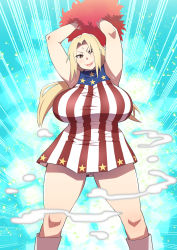 Rule 34 | 1girl, american flag dress, armpits, arms up, blonde hair, blush, boots, breasts, cheerleader, closed mouth, confetti, cosplay, dress, facial mark, female focus, forehead mark, glowing, glowing background, gluteal fold, green background, head tilt, highres, huge breasts, legs, legs apart, light blush, long hair, looking at viewer, naruto (series), pom pom (cheerleading), simple background, skirt, sleeveless, smile, smoke, solo, standing, star (symbol), star print, striped clothes, striped dress, tetrodotoxin, thighs, tsunade (naruto), v-shaped eyebrows, white legwear, yellow eyes