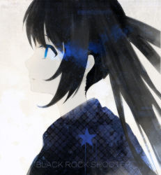 Rule 34 | 1girl, black hair, black jacket, black rock shooter, black rock shooter (character), blue eyes, character name, copyright name, jacket, ji dao ji, long hair, looking away, parted lips, profile, sidelocks, solo, star (symbol), twintails, uneven twintails