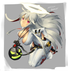 Rule 34 | 1girl, ankh, bad id, bad pixiv id, belt, black gloves, blonde hair, breasts, spiked halo, dated, gloves, grey background, guilty gear, guilty gear xrd, halo, hand on own hip, highres, jack-o&#039;-lantern, jack-o&#039; valentine, jewelry, long hair, looking at viewer, medium breasts, necklace, red eyes, red hair, smile, solo, thighs, twitter username, zaki (narashigeo)