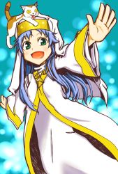 Rule 34 | 1girl, amawa kazuhiro, animal, animal on head, blue hair, cat, cat on head, green eyes, habit, highres, index (toaru majutsu no index), long hair, nun, on head, outstretched arms, robe, safety pin, solo, sphinx (toaru majutsu no index), spread arms, toaru majutsu no index