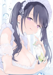 Rule 34 | 1girl, arm cuffs, black hair, breasts, bubble, commentary, cup, drinking glass, drinking straw, frilled shirt, frills, fujiyama, highres, holding, holding cup, large breasts, leaning forward, maid, maid headdress, medium hair, original, purple eyes, shirt, simple background, sweat, table, twintails, water drop, white background, white shirt