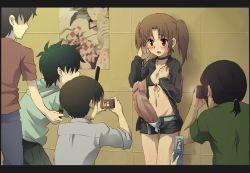 Rule 34 | 1futa, 4boys, bad id, bad pixiv id, bar censor, belt, black hair, black rock shooter, black rock shooter (character), black rock shooter (cosplay), blush, brown eyes, brown hair, camera, cellphone, censored, choker, cosplay, embarrassed, erection, exhibitionism, futanari, huge penis, multiple boys, open mouth, panties, penis, phone, photographic proof, poster (object), precum, public indecency, short shorts, shorts, standing, striped clothes, striped panties, suppy, sweat, taking picture, tsukihime, twintails, type-moon, uncensored, underwear, yumizuka satsuki