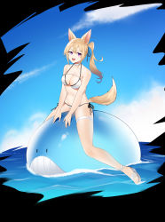 Rule 34 | 1girl, :d, absurdres, animal ears, bare shoulders, bikini, blonde hair, breasts, chinese commentary, choker, cleavage, cloud, feet, full body, hair between eyes, highres, large breasts, looking to the side, navel, ocean, open mouth, original, outdoors, pink eyes, ponytail, riding, shidiancijianongpao, side-tie bikini bottom, sky, smile, solo, swimsuit, tail, teeth, thigh strap, thighs, toes, upper teeth only, wedge heels, whale, white bikini, white choker, white footwear